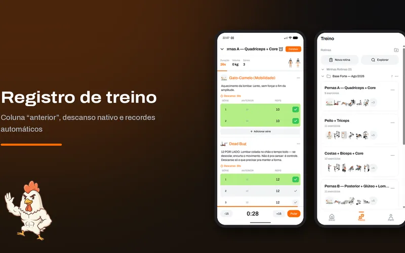 Registro de treino com coluna 'anterior', descanso e recordes