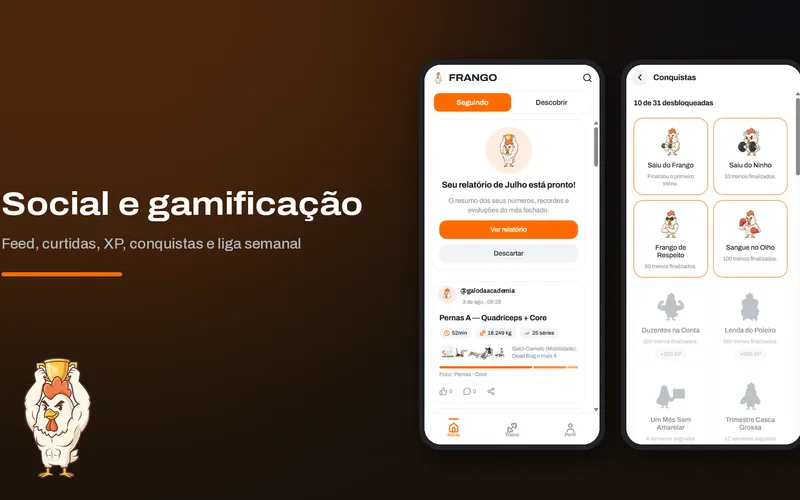 Feed social, XP, conquistas e liga semanal