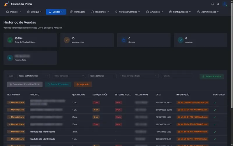 Histórico de vendas consolidado dos três marketplaces