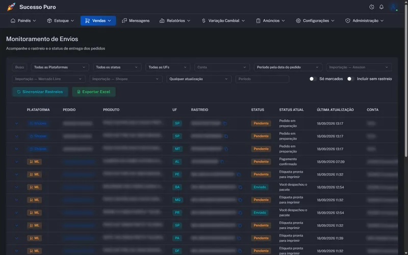 Monitoramento de envios com rastreio por pedido